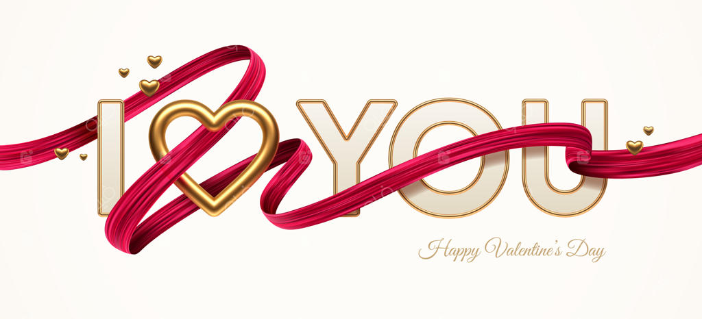 تبریک روز ولنتاین: کلمات "دوستت دارم" همراه با قلب طلایی واقعی و ربان قرمز به شکل قلم‌مو.