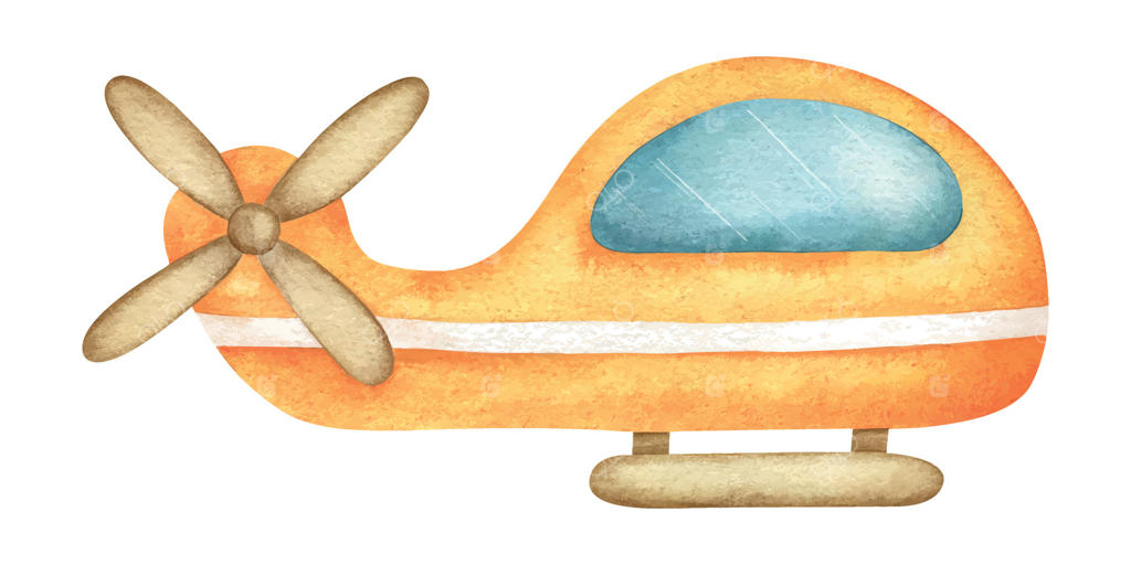 اسباب‌بازی هلیکوپتر نارنجی: تصویر دست‌سازی از حمل و نقل هوایی. کلیپ‌آرت بامزه هواپیما برای کارت‌های جشن تولد و سیسمونی، طراحی محصولات کودک، پوسترها