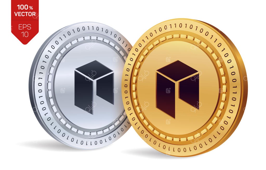 سکه‌های طلایی و نقره‌ای رمز ارز با نماد نئو بر روی زمینه سفید.