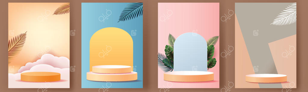 ماکت سه‌بعدی سکوی هندسی با برگ‌های گرمسیری - مفهوم طبیعی برای نمایش پس‌زمینه سبز، صحنه‌ مینیمال انتزاعی برای ارائه محصول