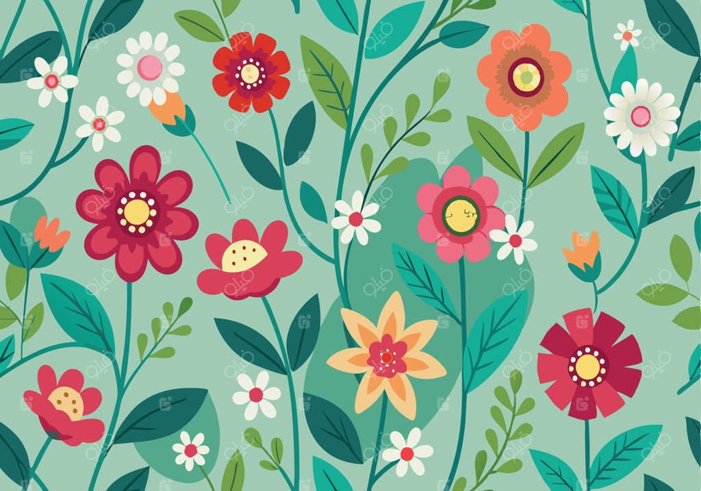 طرح باغ گل‌های زنده با گل‌ها، برگ‌ها و پس‌زمینه فیروزه‌ای