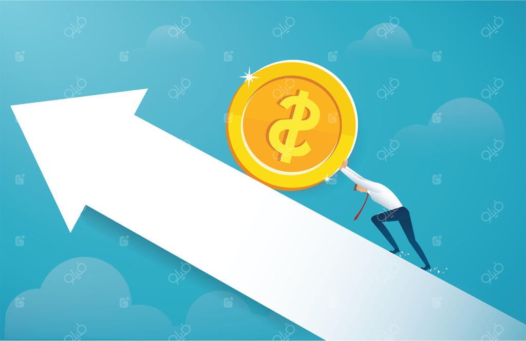 مرد با هل دادن سکه طلای بزرگ به سوی موفقیت پیش می‌رود