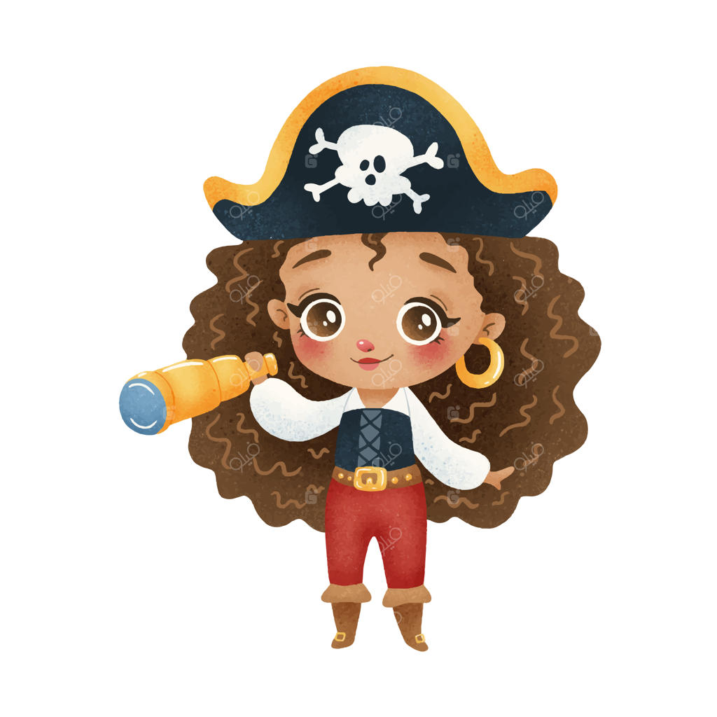 دختر دزد دریایی کارتونی و بامزه آفریقایی-آمریکایی روی زمینه سفید