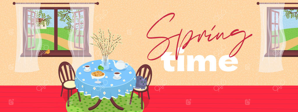 تصویر بهاری دنج: چیدمان چای در فضای داخلی خانه روستایی و باغ خارج از پنجره. قوری، فنجان و گل‌ها. مناسب برای بنرهای فصلی، کارت‌های تبریک و طراحی بروشورهای با تم روستایی.