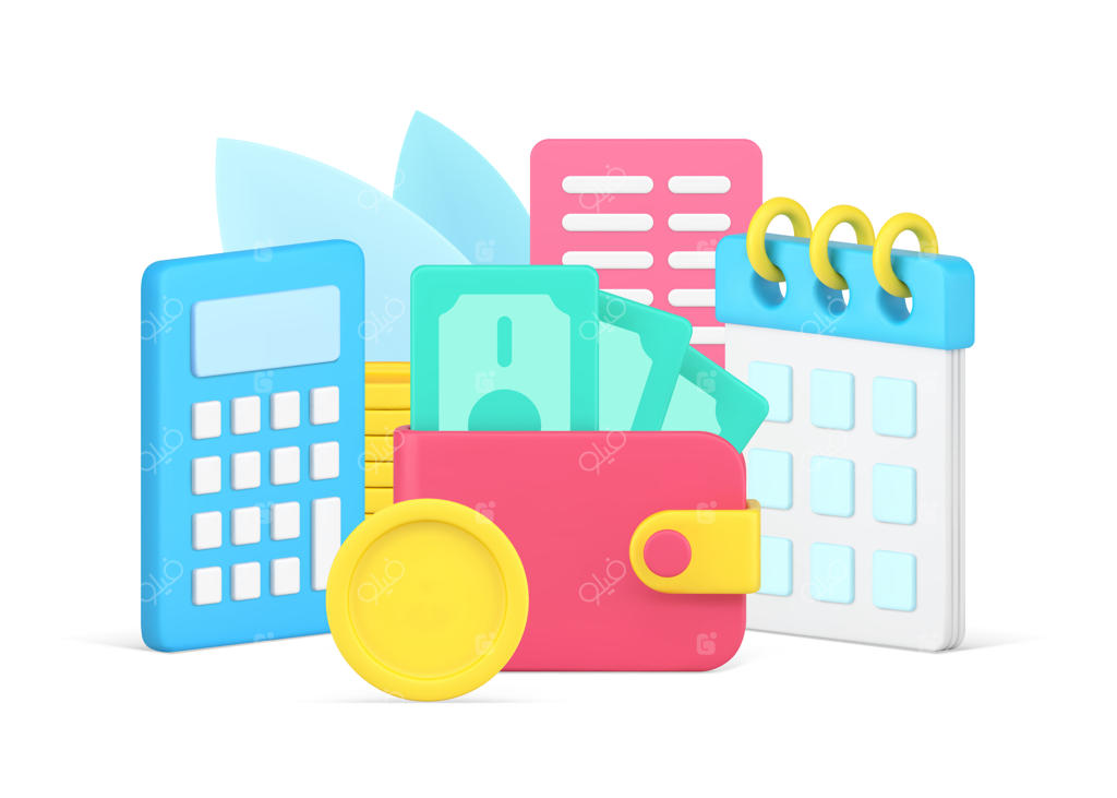 یادآوری آخرین مهلت برای پرداخت عادی بانکی با پول نقد و سکه - تصویرسازی ایزومتریک سه‌بعدی. محاسبه بودجه ماهیانه مخارج خانه با استفاده از تقویم، ماشین‌حساب و صورت‌حساب