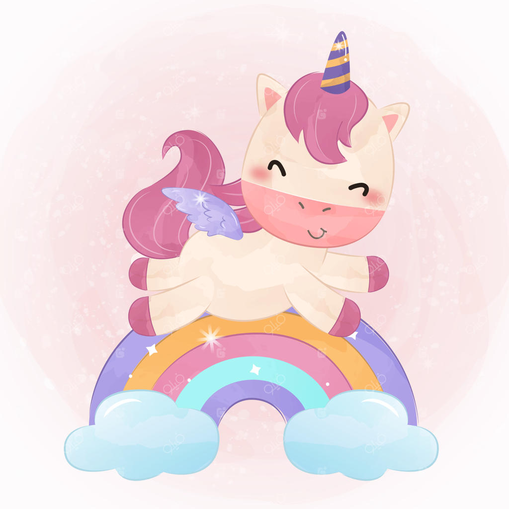 تک‌شاخ کوچولوی دوست‌داشتنی در حال بازی با رنگین‌کمان