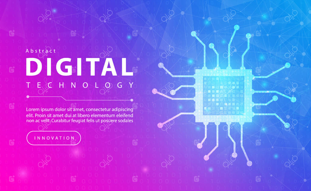 مفهوم تراشه الکترونیکی دیجیتال با پس‌زمینه صورتی و آبی: فناوری آینده، ریزپردازنده کامپیوتر و طراحی گرافیکی انتزاعی