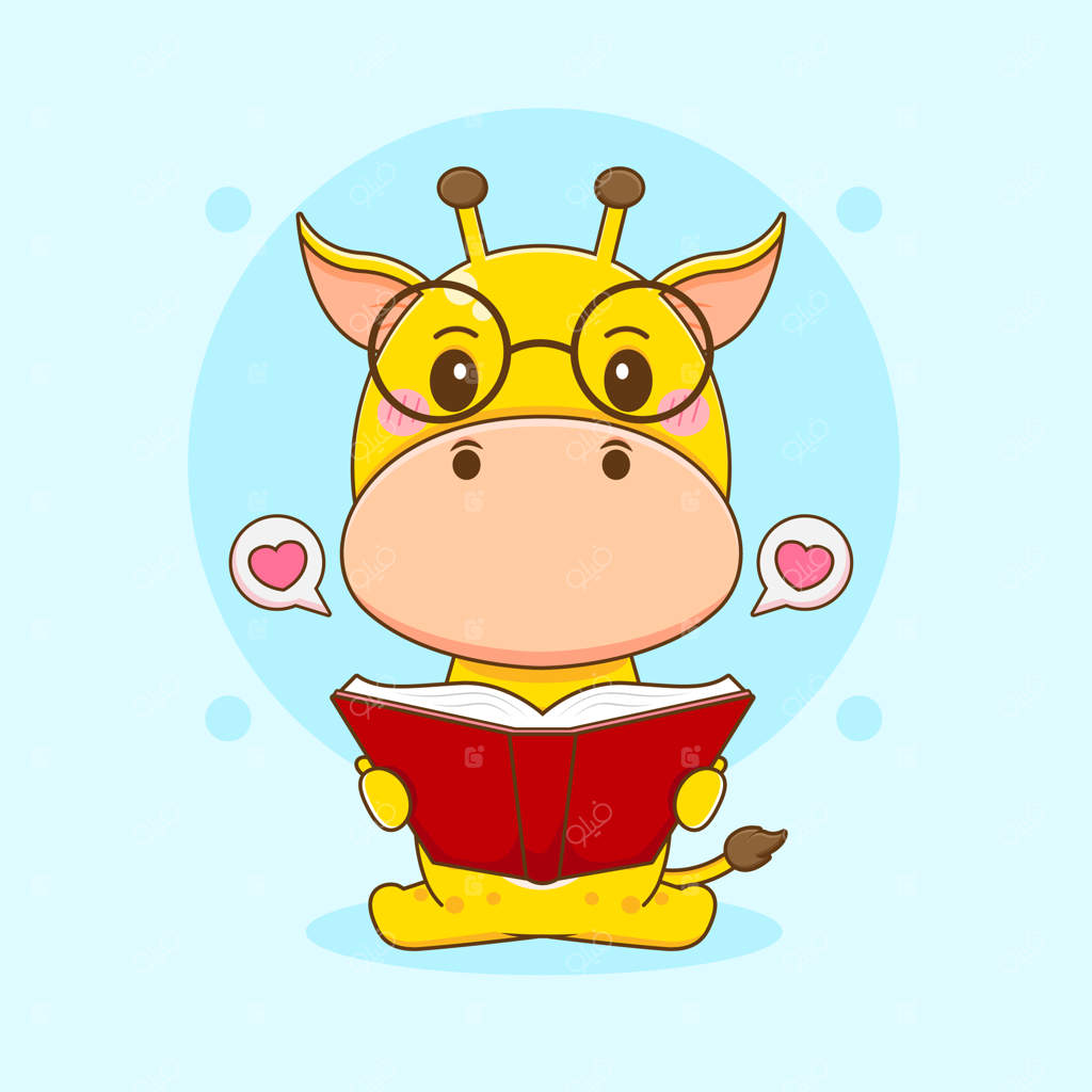 تصویر کاریکاتوری زرافه‌ خرخوانی که کتاب می‌خواند