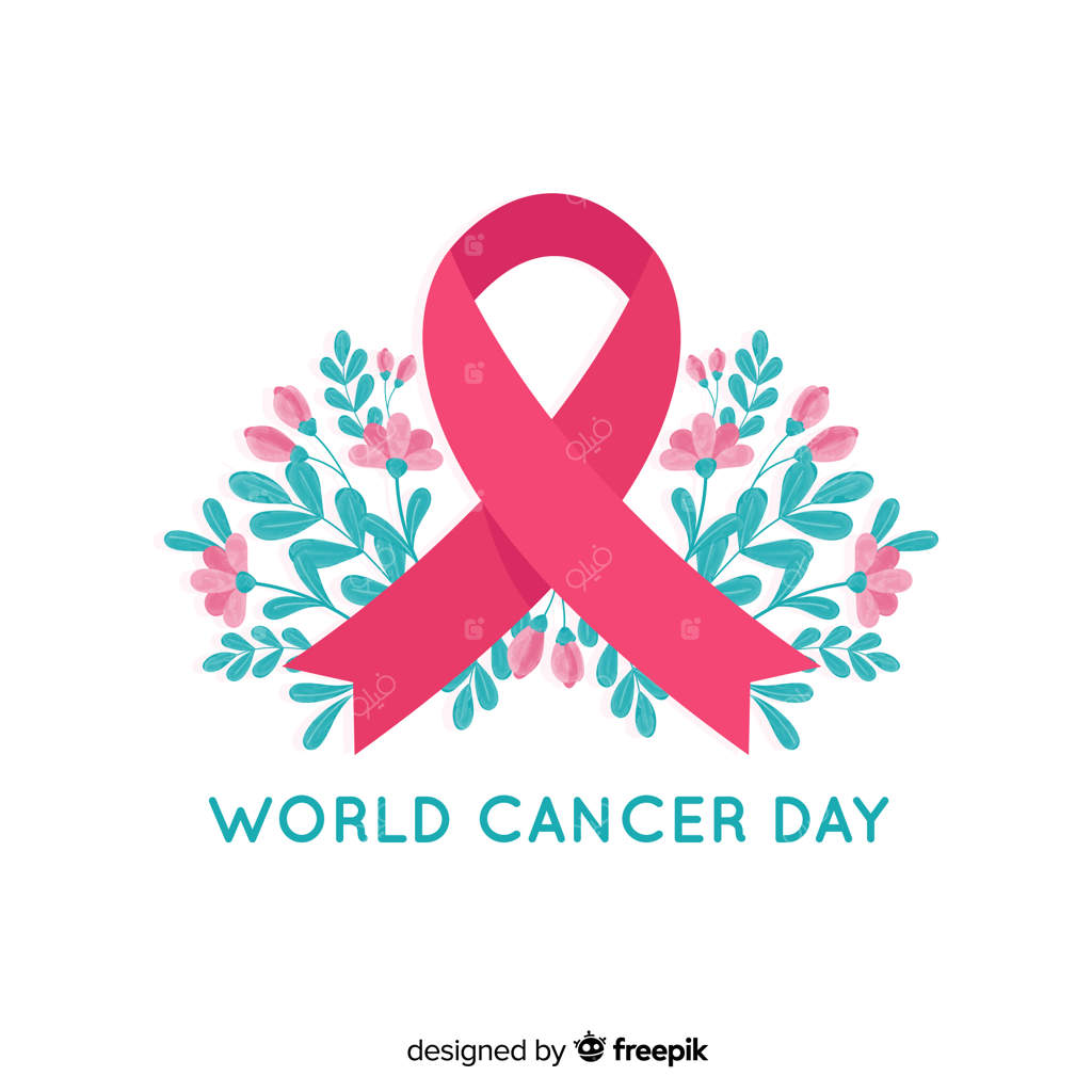 روبان آگاهی بخشی روز جهانی سرطان با طرح گل روی زمینه سفید