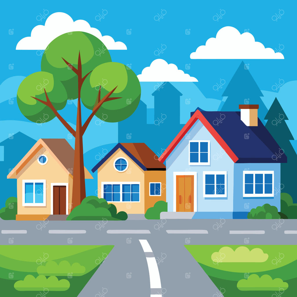 تصویر کارتونی از خانه‌ها و درختان در خیابان
