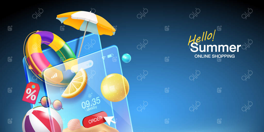 بنر خلاقانه خرید آنلاین تابستانی سه‌بعدی با گوشی هوشمند و المان‌های ساحلی - تبلیغ فروش ویژه