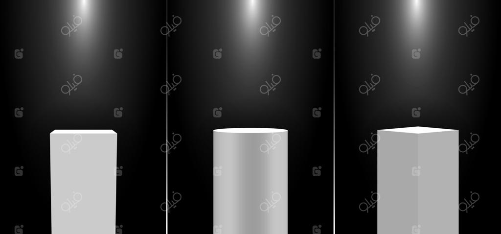 مجموعه‌ای از پایه‌های نمایشگاهی واقع‌گرایانه سه‌بعدی سفید برای نمایش محصولات در پس‌زمینه سیاه با نورپردازی مناسب