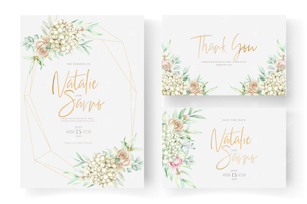 ست کارت دعوت شیک با گل‌های صد تومانی و هیدرانژیا