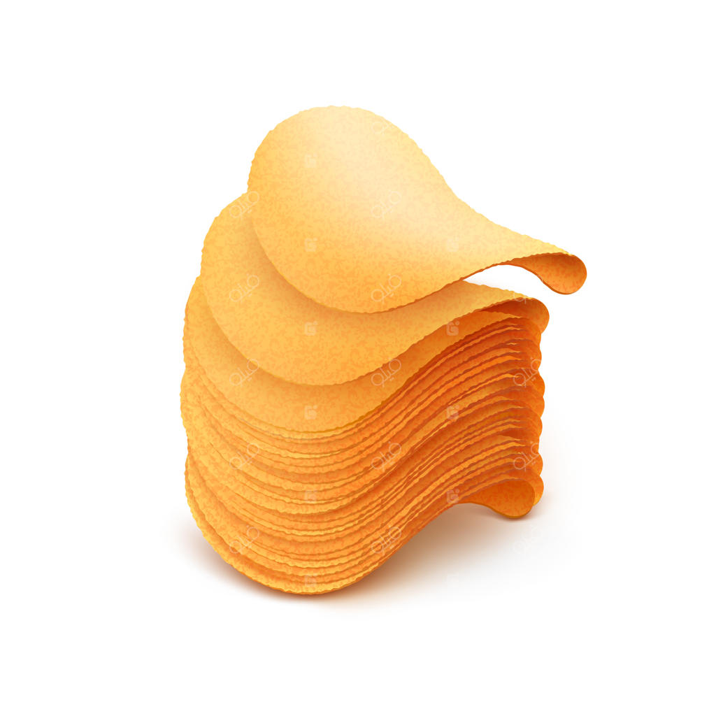 بررسی نزدیک از چیپس‌های ترد و خوشمزه سیب‌زمینی روی زمینه سفید