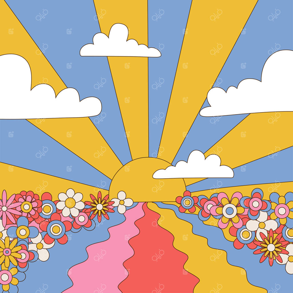 پوستر مربعی حال خوب با طرح رترو رنگارنگ و روان‌گردان در منظره فانتزی با دشت‌های گل بابونه