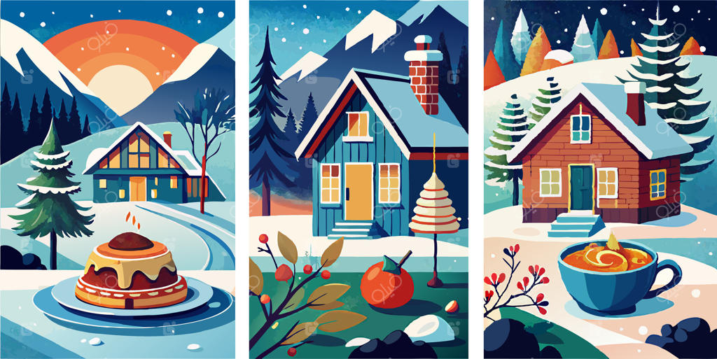 چهار منظره زمستانی متفاوت با خانه‌ها، درختان و یک فنجان قهوه