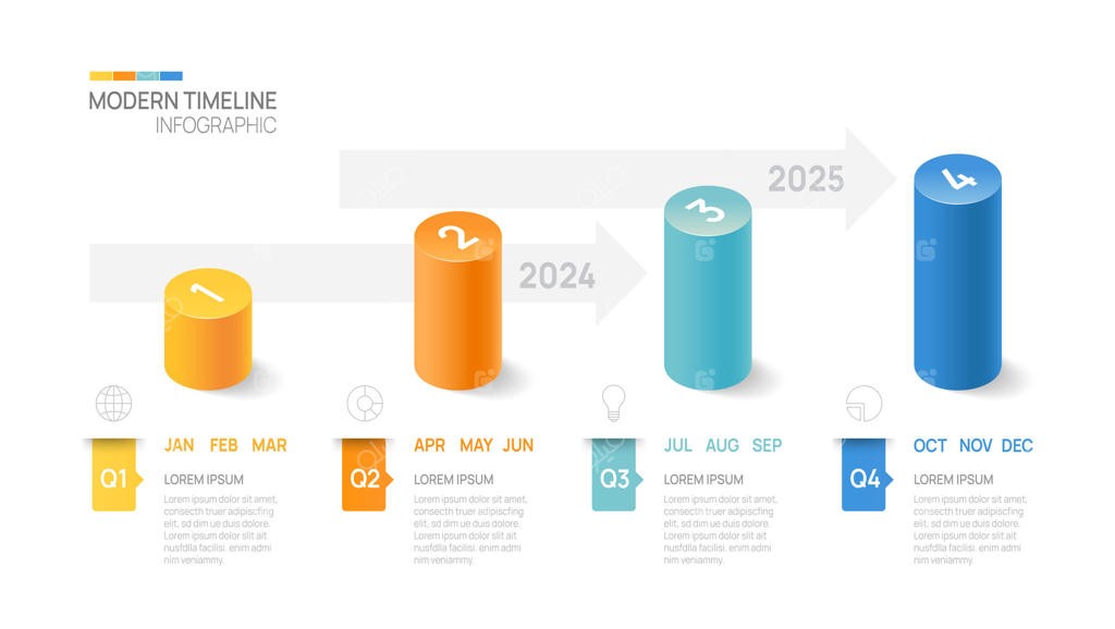 الگوی فلش اینفوگرافیک زمانی برای مراحل کسب‌و‌کار: نمودار زمان‌بندی مدرن با عناصر اهداف و موضوعات فصلی، اینفوگرافیک وکتور.