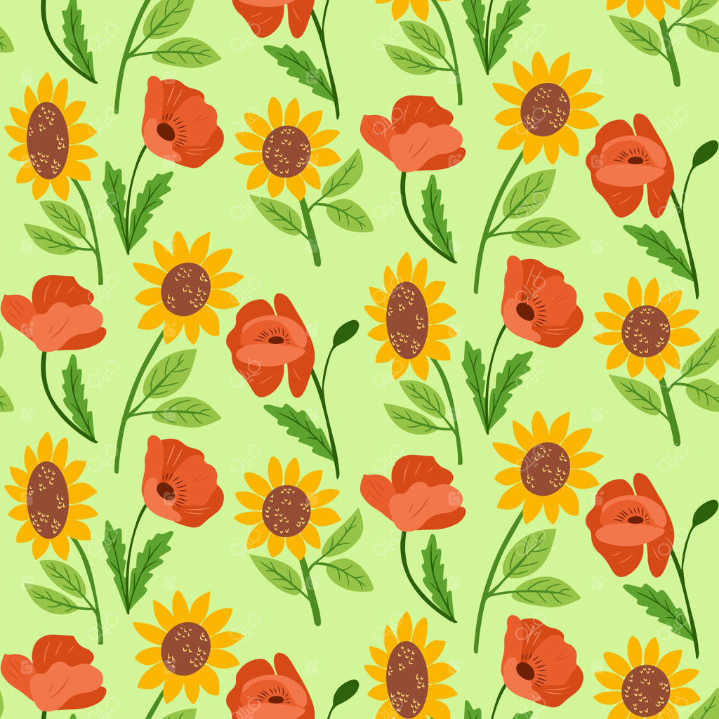 طرح گل‌های روان با شقایق و آفتابگردان‌های دست‌کشیده روی پس‌زمینه سبز روشن. مفهوم طبیعت تابستانی، باغ شکوفا و طراحی گیاهی تزئینی