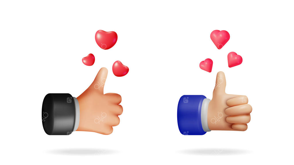 دو حرکت دست در تصویرسازی سه‌بعدی؛ یکی با آستین سیاه و دیگری با آستین آبی که علامت شست‌بلند را نشان می‌ دهند و قلب‌های قرمز شناور در اطرافشان به‌ معنای لایک یا عشق در شبکه‌های اجتماعی هستند.