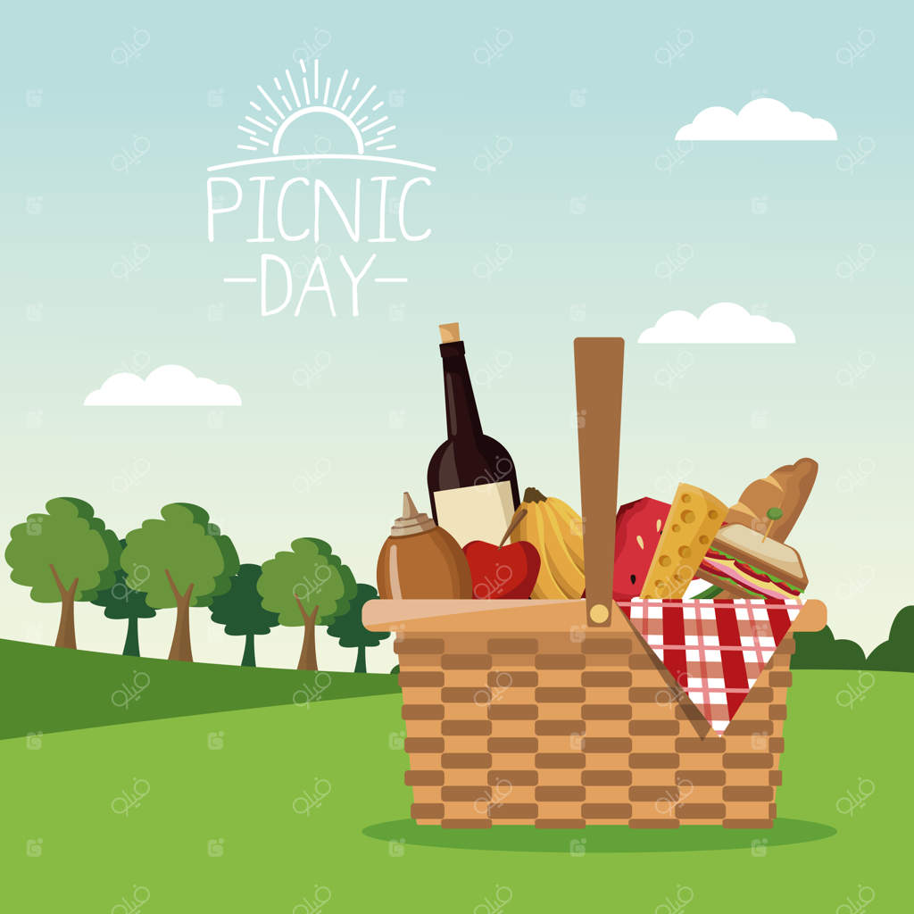 منظره روز پیک‌نیک و سبدی پر از غذا