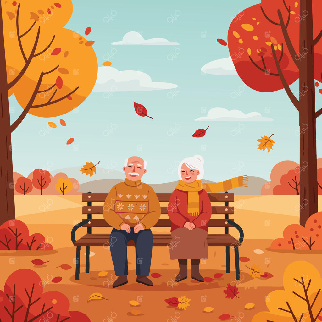 زوج سالخورده‌ای که روی نیمکت در پارک پاییزی نشسته‌اند و منظره‌ای از درختان قرمز و نارنجی رنگ را تماشا می‌کنند، تصویرسازی منظره‌ی فصل پاییز