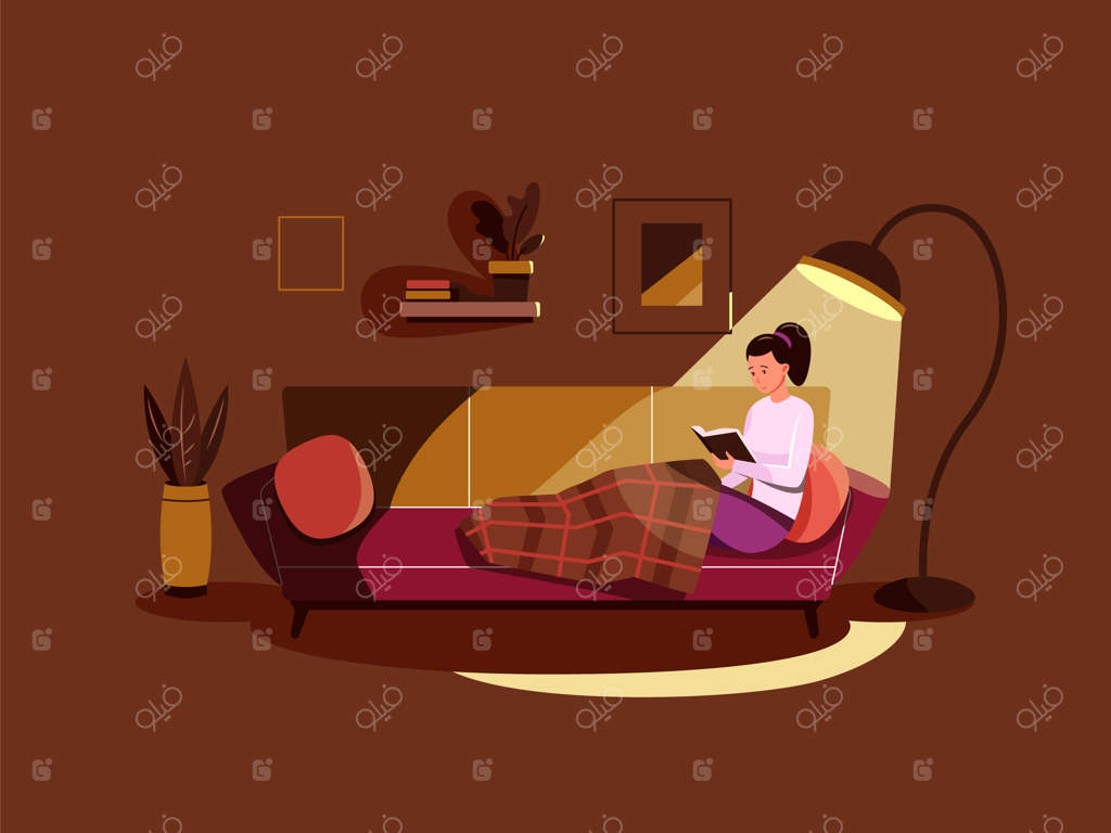 مطالعه زیر نور چراغ: دختری که قبل از خواب در اتاق خواب کتاب می‌خواند - شب، خواننده کتاب‌ها، نور، خانمی روی کاناپه، استراحت در اتاق خانه، کتابخانه خانگی، دکوراسیون داخلی خانه