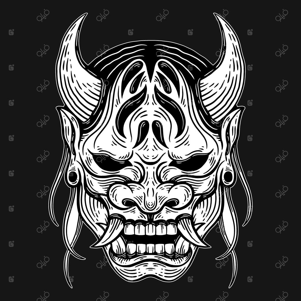 نقاب شیطانی ژاپنی با طراحی دستی به سبک هَچینگ