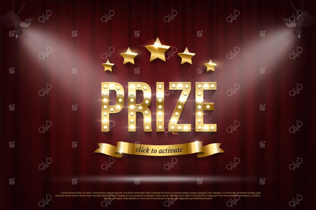 قالب بنر وب برنده جایزه با تایپوگرافی طلایی و لامپ‌های درخشان و ستاره‌های براق، متن "برای فعال‌ سازی کلیک کنید" بر روی روبان با پس‌زمینه پرده‌ای