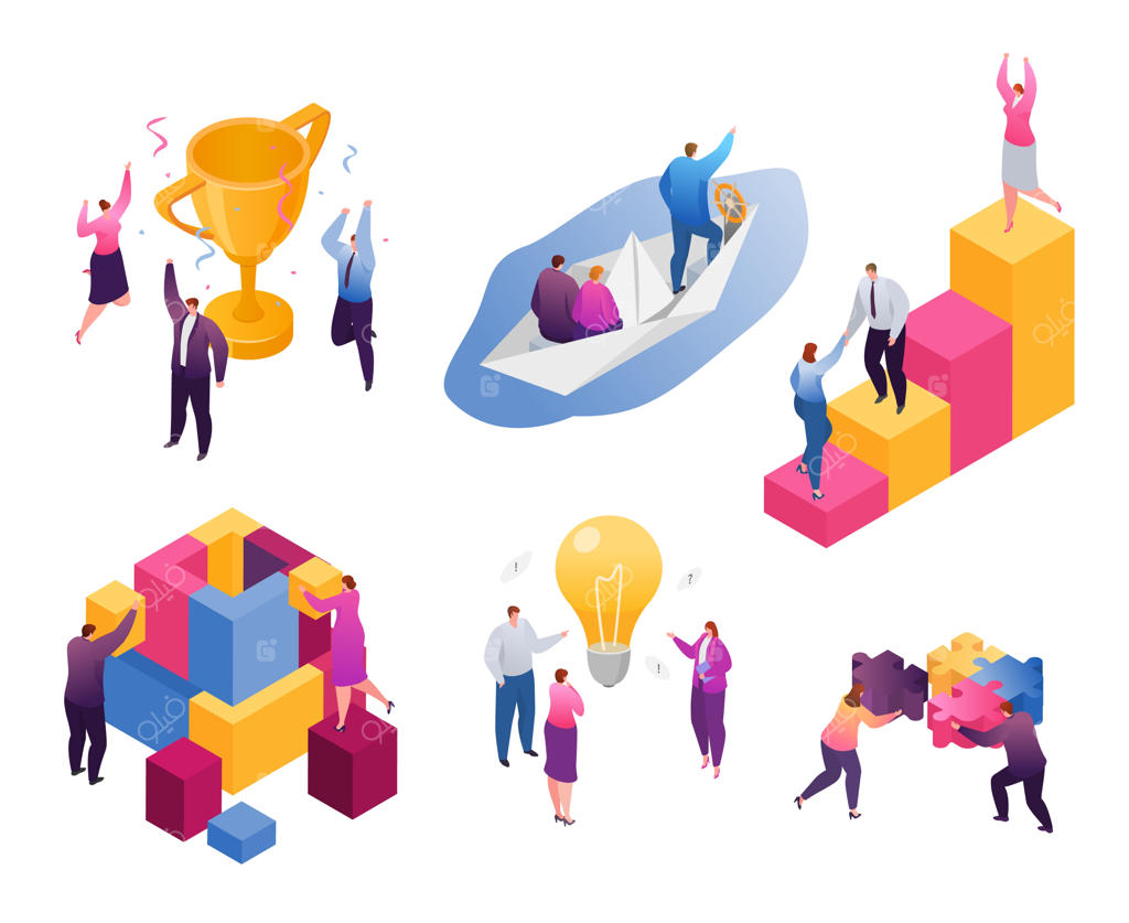 مجموعه‌ای از تصاویر ایزومتریک همکاری در کسب‌وکار، گروهی از کارآفرینان کوچک کارتونی که با هم کار می‌کنند