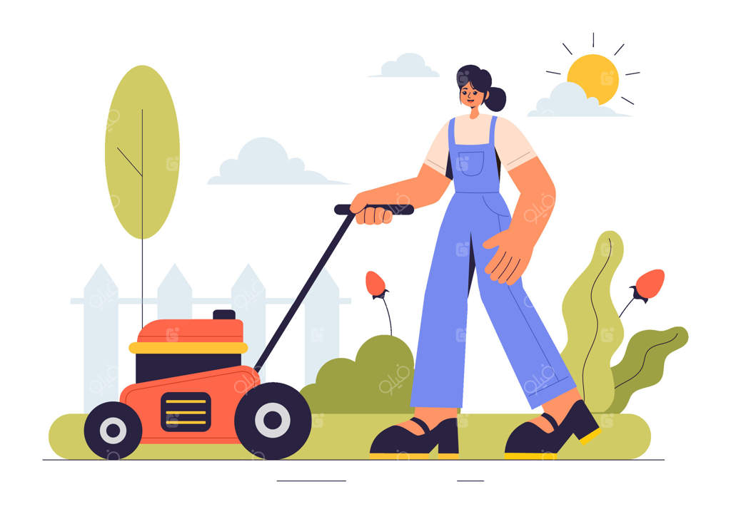 تصویر کارتونی ماشین چمن‌زنی با چمن سبز و نگهداری باغچه