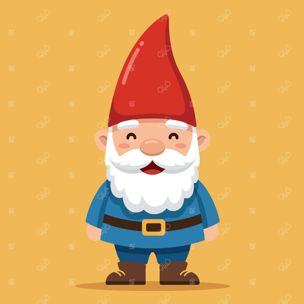 تصویر کاریکاتوری کوتوله باغ با کلاه قرمز و ریش سفید روی پس‌زمینه زرد