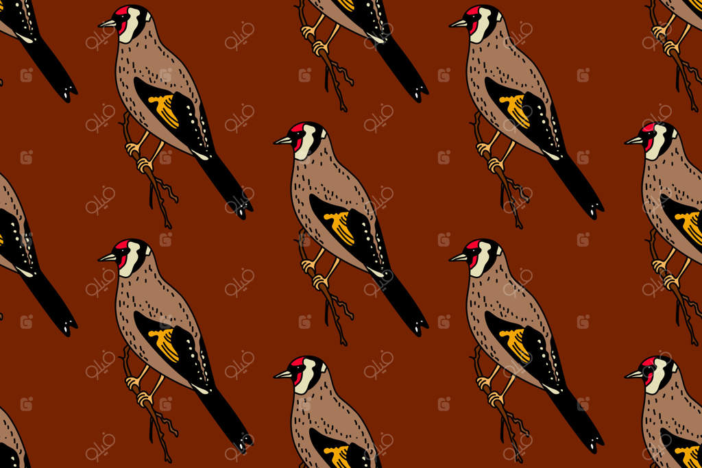 پترن انتزاعی گیاه‌شناسی با تصویرسازی پرندگان باغی. پترن کارتونی رنگارنگ پرندگان سهره با پس‌زمینه قهوه‌ای. طراحی گرافیکی برای چاپ پارچه مد روز.