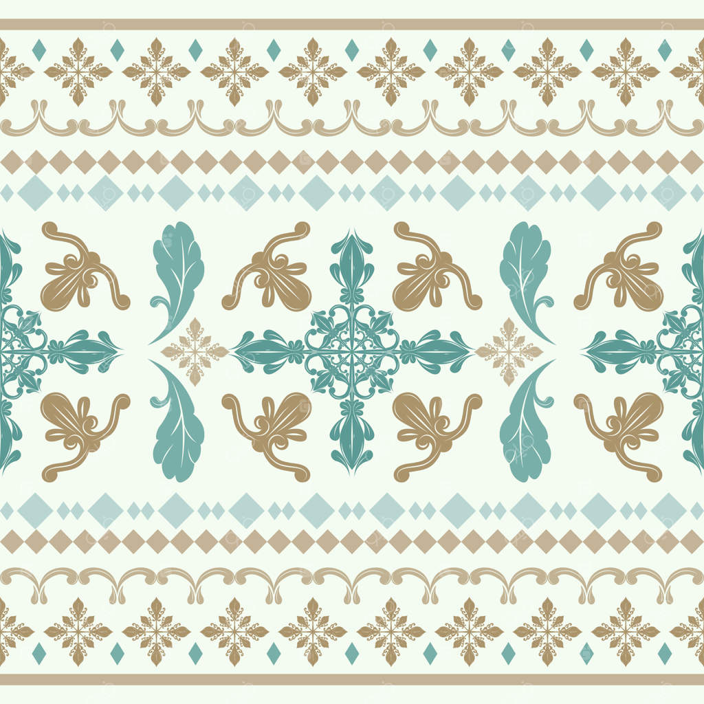 طرح حاشیه‌ای شیک و سلطنتی با نقوش گل و برگ. طراحی باغ گیاهی با دوخت‌های ابریشمی طلایی با جزئیات غنی و گران‌قیمت روی زمینه آبی روشن.