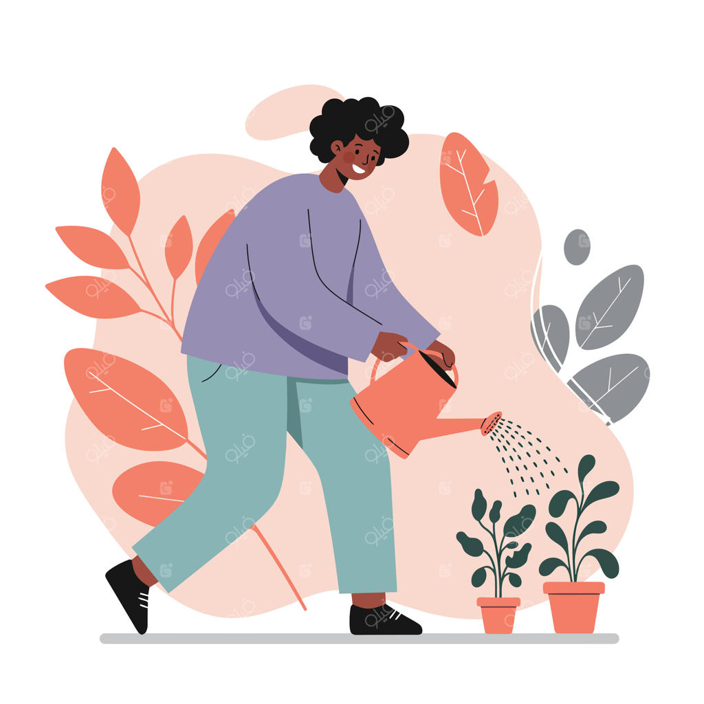 آبیاری گیاهان سبز با پس‌زمینه برگ‌های نارنجی در فعالیت باغبانی داخل خانه با لباس راحتی