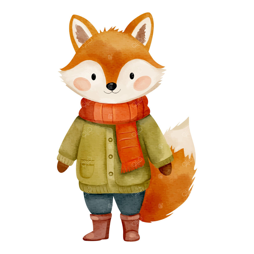 روباه آبرنگی با لباس‌های گرم زمستانی: تصویرسازی دستی روی پس‌زمینه سفید