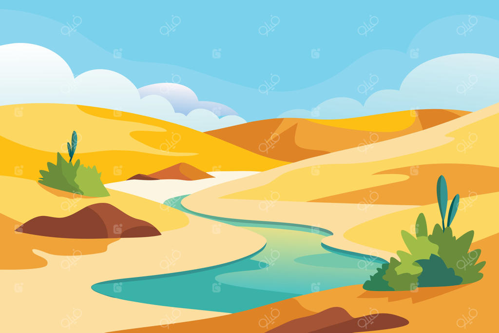 تصویرسازی کارتونی منظره کویری با رودخانه، تپه‌های شنی، بوته‌ها و آسمان آبی ابری