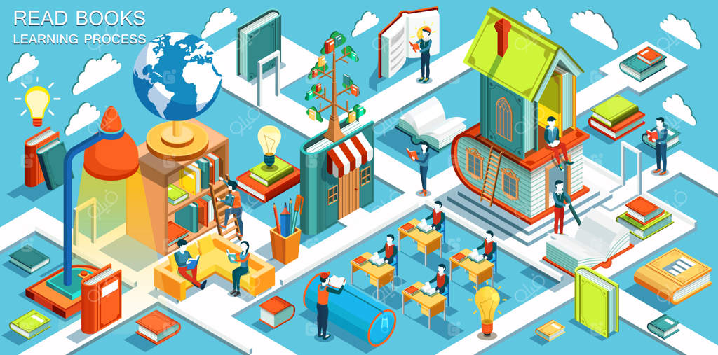 فرآیند آموزش، مفهوم یادگیری و مطالعه کتاب‌ها در کتابخانه و کلاس درس. طراحی هم‌سطح ایزومتریک.