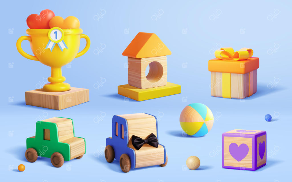 مجموعه‌ای از اسباب‌بازی‌های چوبی سه‌بعدی بر روی زمینه آبی، شامل جام، بلوک‌های خانه‌سازی، جعبه کادو، ماشین‌های اسباب‌بازی، بلوک مکعبی و توپ‌ها.