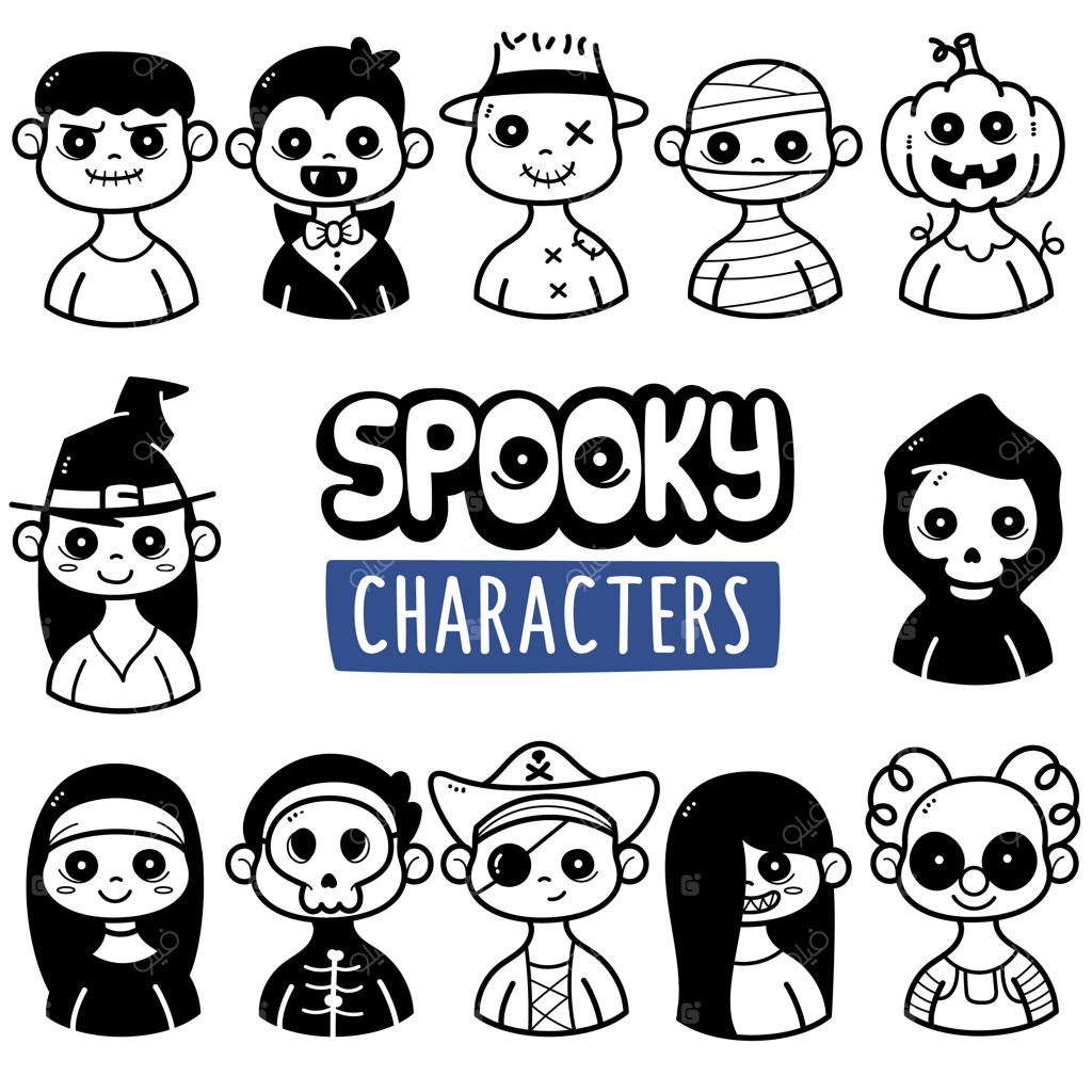 تصویرسازی دودل شخصیت شبح بامزه به صورت سیاه و سفید