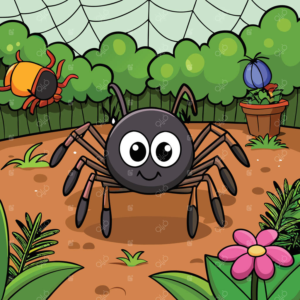 یک عنکبوت کارتونی در باغ با گل‌ها و گیاهان
