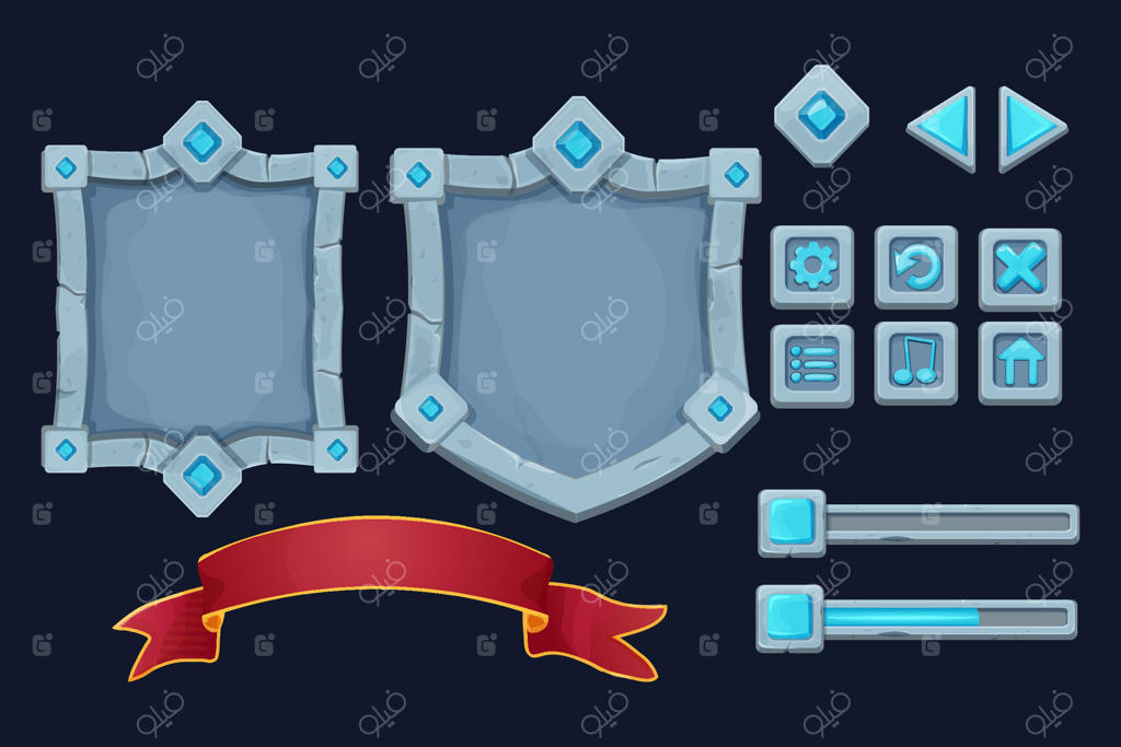 سپر سنگی، قاب با جواهرات، نوار پیروزی بازی، آیکون‌های منو و تنظیمات به سبک کارتونی. دارایی‌های جادویی، قالب.