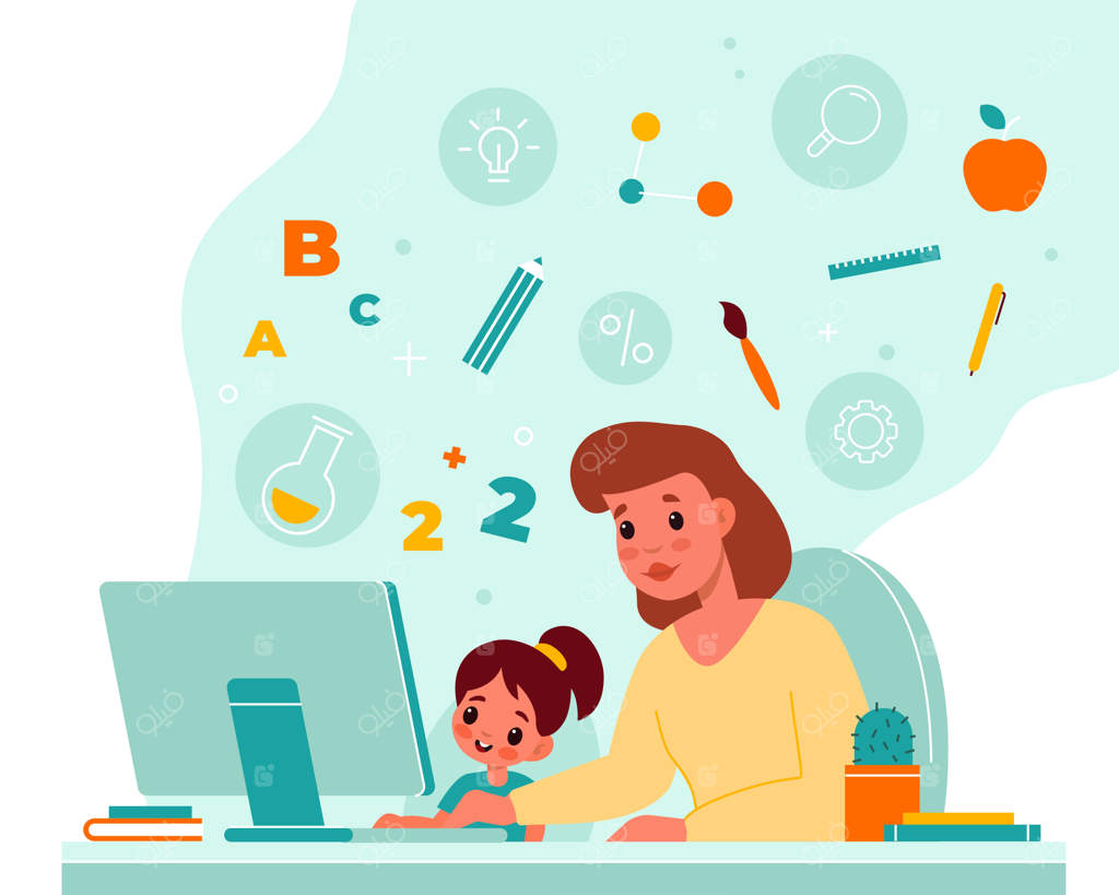 آموزش آنلاین کودکان: یادگیری در خانه با کمک مادر برای انجام تکالیف - تصویرسازی مفهومی آموزش آنلاین با معلم و دانش‌آموز پشت کامپیوتر