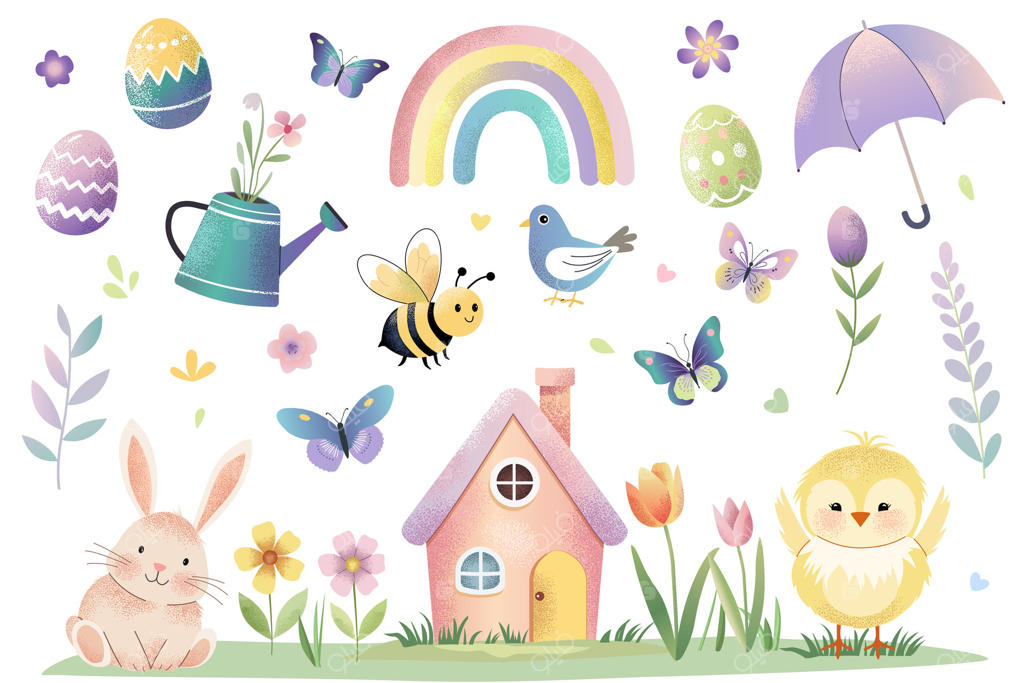 مجموعه‌ای از عناصر زیبای بهاری به سبک آبرنگ. تعطیلات بهاری و عید پاک. مجموعه‌ای از برچسب‌های کودکانه در رنگ‌های پاستلی.