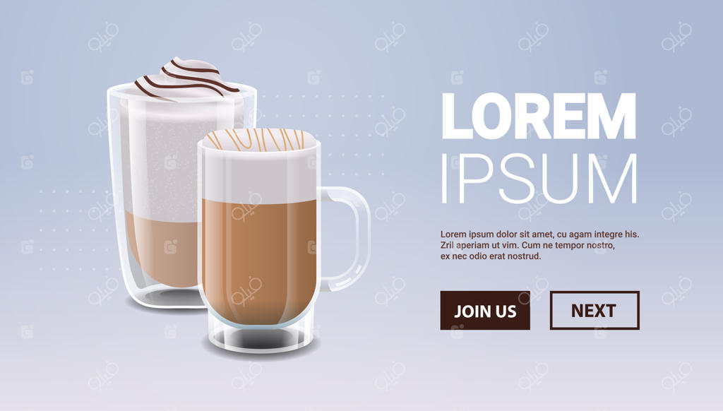 قهوه واقعی در لیوان‌ها؛ نوشیدنی‌های هات فراپه کارامل ماکیاتو، تصویر افقی با فضای خالی برای متن، وکتور