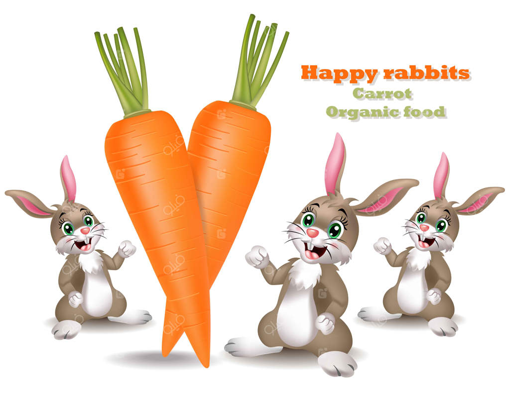 هویج‌ها در پس‌زمینه‌ی خرگوش‌های شاد