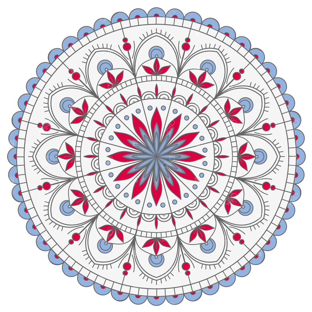تصویر تزئینی ماندالا: ماندالای ظریف قرمز و آبی بر روی زمینه سفید. تزئینات دایره‌ای. طرح گل غیرمعمول و گل استیلیزه‌شده.