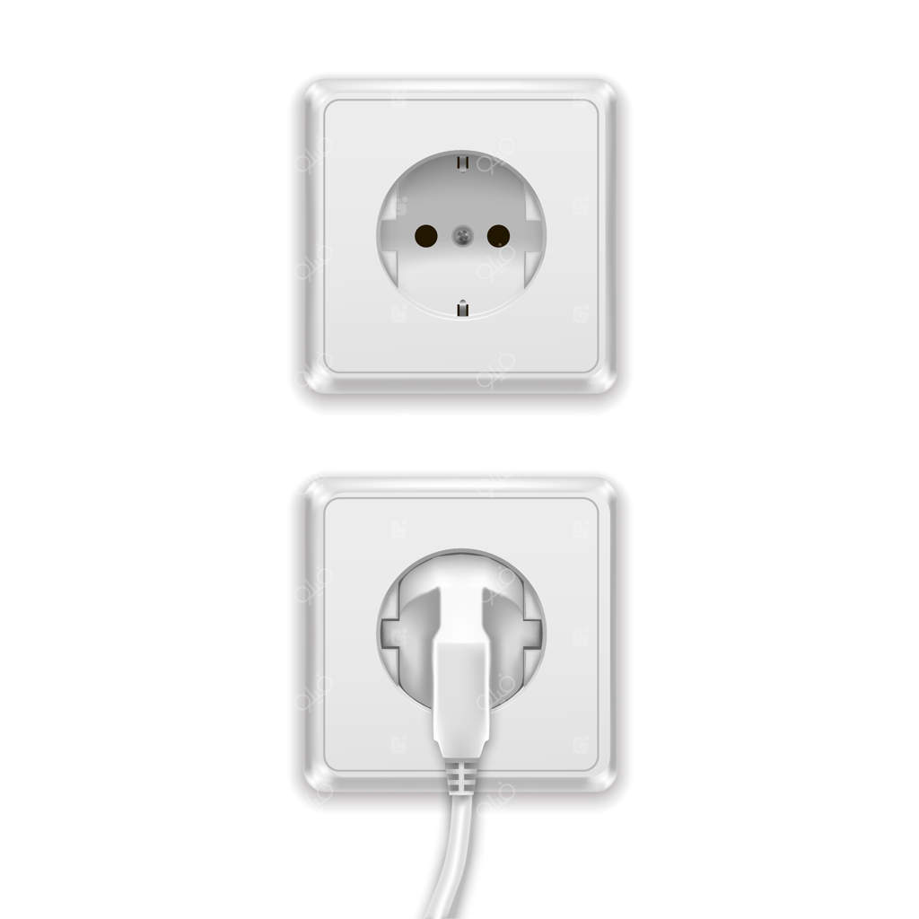 پریز برق اروپایی و دو شاخه سفید پلاستیکی واقعی.