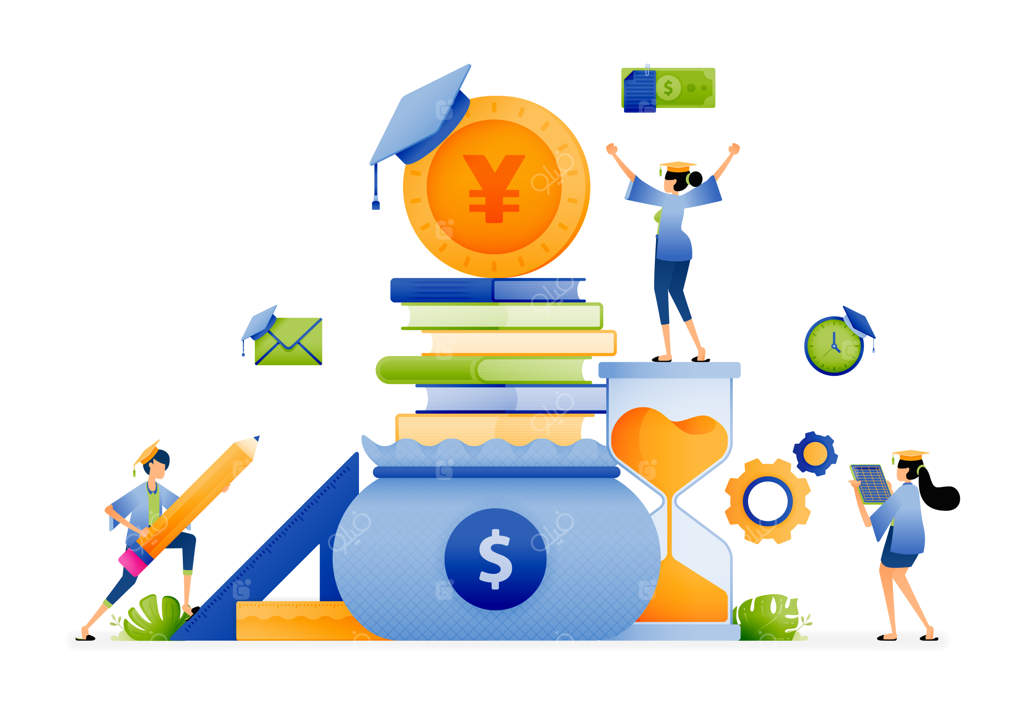 طراحی دسته‌های کتاب درون کیسه و سکه‌ها با یک لباس رومی بر فراز آن: تصویرسازی برای صفحه فرود، بنر وبسایت، اپلیکیشن موبایل، شبکه‌های اجتماعی، بروشور تبلیغاتی و موارد دیگر