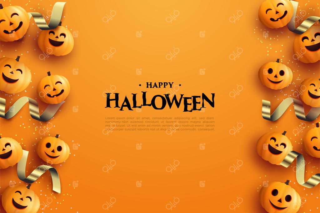 پس‌زمینه هالووین با کدو تنبل و روبان طلایی سه‌بعدی