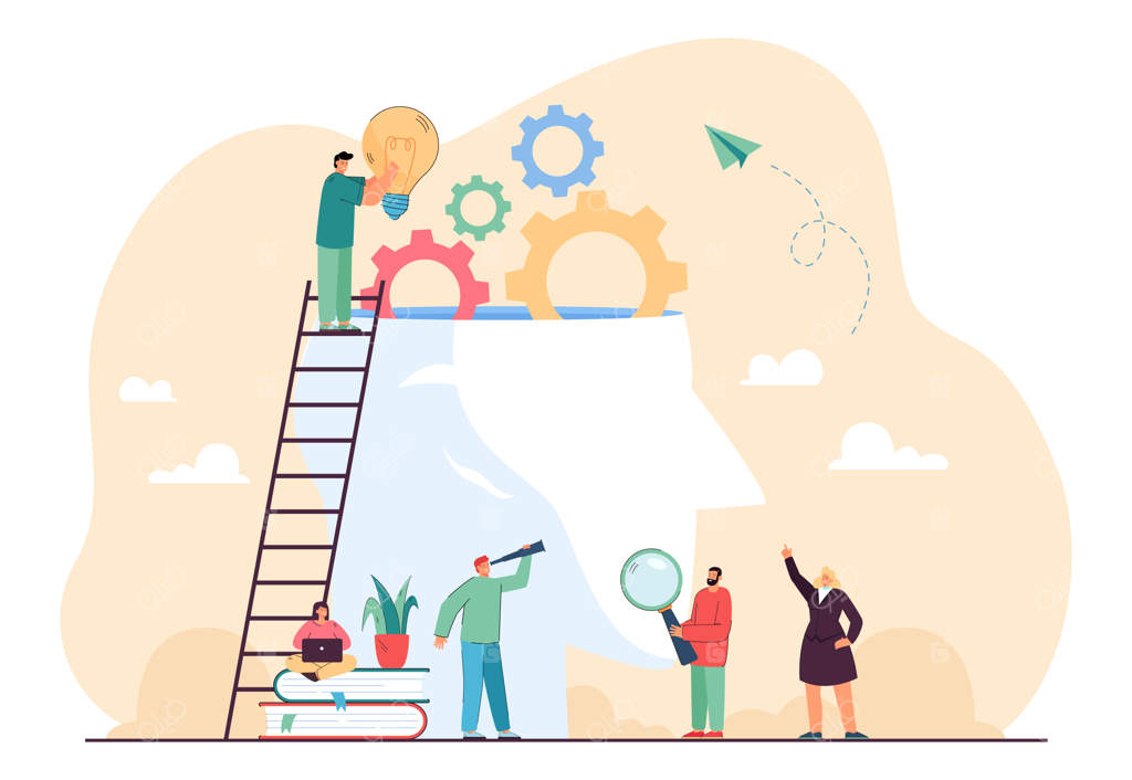 ذهن انسان‌های انتزاعی پر از ایده‌های خلاقانه. کارمندان دفتر در حال تحقیق مشترک برای ایده‌های رشد کسب‌وکار - تصویرسازی تخت